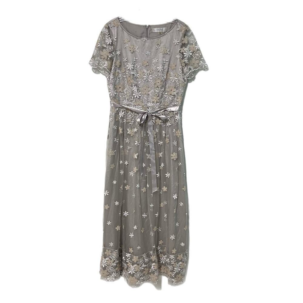 TAHARI Arthur S. Levine Silver Evening Midi Gown Women’s 8 Fully Embroidered